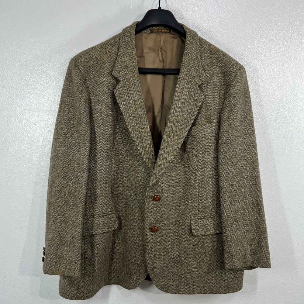 Vtg. 70's Harris Tweed Mens Wool Herringbone Blazer Sport Coat R52 Dual Button